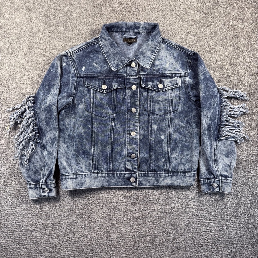 Kroix Womens Acid Wash Blue Denim Fringe Jacket Western Boho Cotton Large
